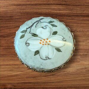 Vintage Hand-Painted Floral Enamel Pin Brooch With Dogwood Design & Gold-Tone Tr
